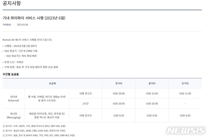 [서울=뉴시스]대한항공이 다음달 1일부터 국제선 기대 와이파이 서비스를 제공한다. 대상 항공기는 보잉 737-8(7M8) 기종으로 대한항공은 와이파이 서비스 대상 항공기를 확대한다는 계획이다.(사진=대한항공 홈페이지 캡)