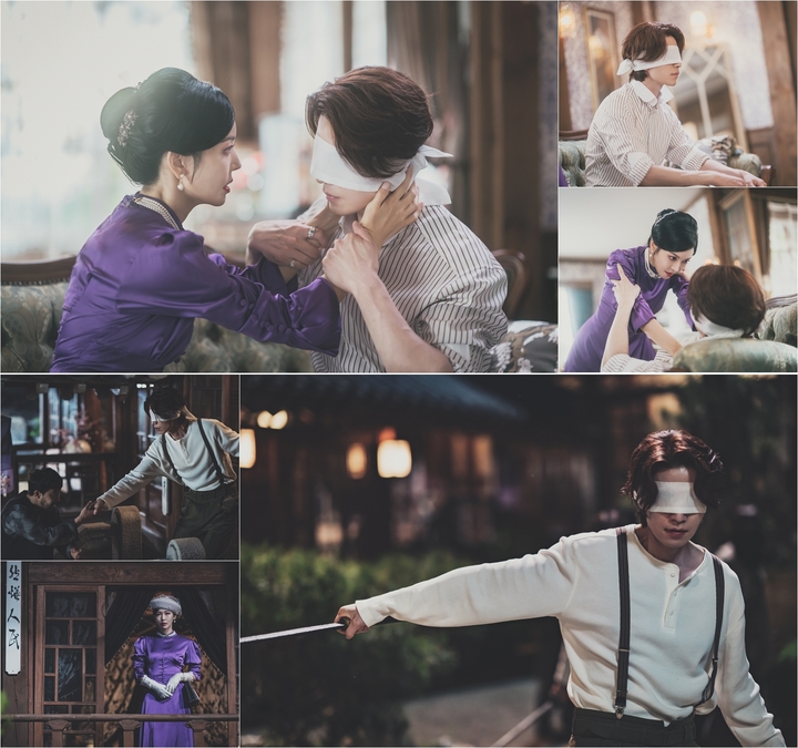 [서울=뉴시스] tvN 토일드라마 '구미호뎐1938' 측은 이연(이동욱)과 류홍주(김소연)의 아슬아슬 텐션이 담긴 사진을 공개했다. (사진=tvN 제공)  2023.05.13. photo@newsis.com *재판매 및 DB 금지 *재판매 및 DB 금지