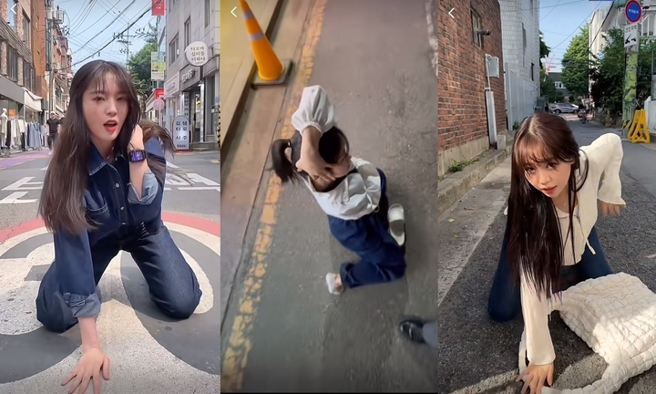 최근 틱톡 등 온라인 동영상 플랫폼에서 '넘어졌을 때 멋있게 일어나는 법'이라는 제목의 콘텐츠가 퍼져나가고 있다.(사진=틱톡 캡처 갈무리. 왼쪽부터 카가와 유, 김밍, 미선짱) *재판매 및 DB 금지