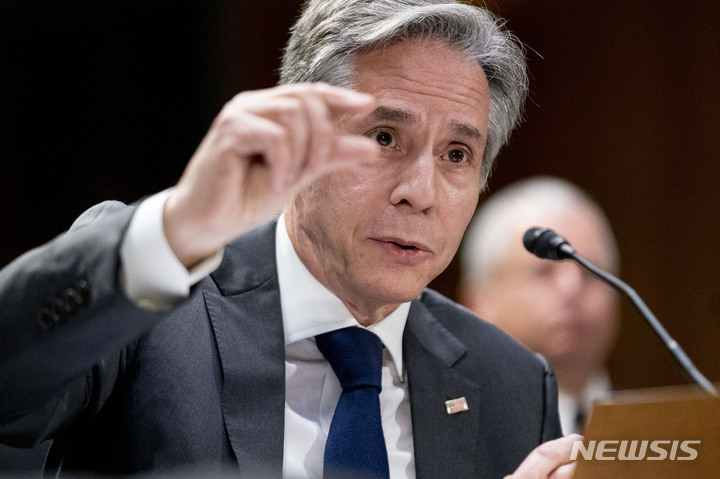 [워싱턴=AP/뉴시스]토니 블링컨 미국 국무장관이 지난달 상원 세출위 청문회에서 발언하는 모습. 2023.06.03.