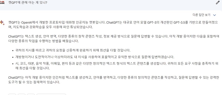 [서울=뉴시스] 바드에게 '챗GPT에 관해 아는 게 있는가'라는 질물을 던져봤다. 2023.05.18 photo@newsis.com *재판매 및 DB 금지