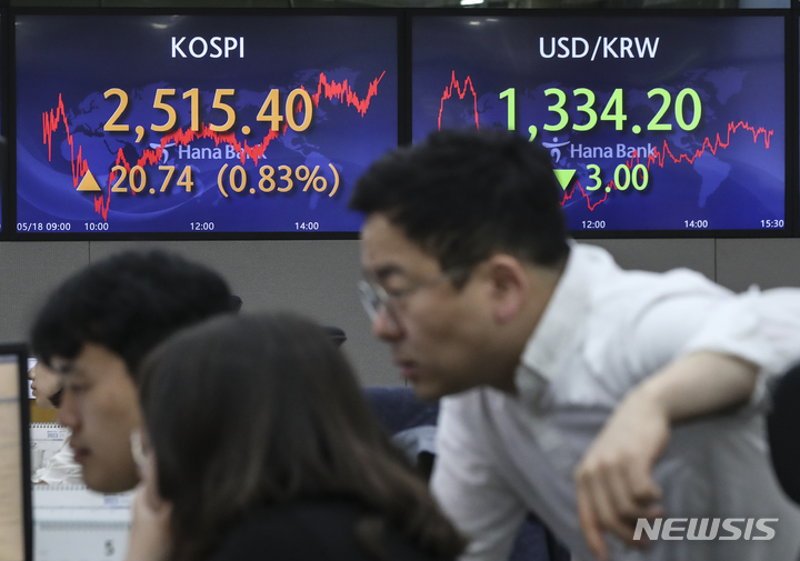 [서울=뉴시스] 김근수 기자 = 지난 18일 서울시 중구 하나은행 딜링룸에서 직원들이 업무를 보고 있다. 2023.05.18. ks@newsis.com