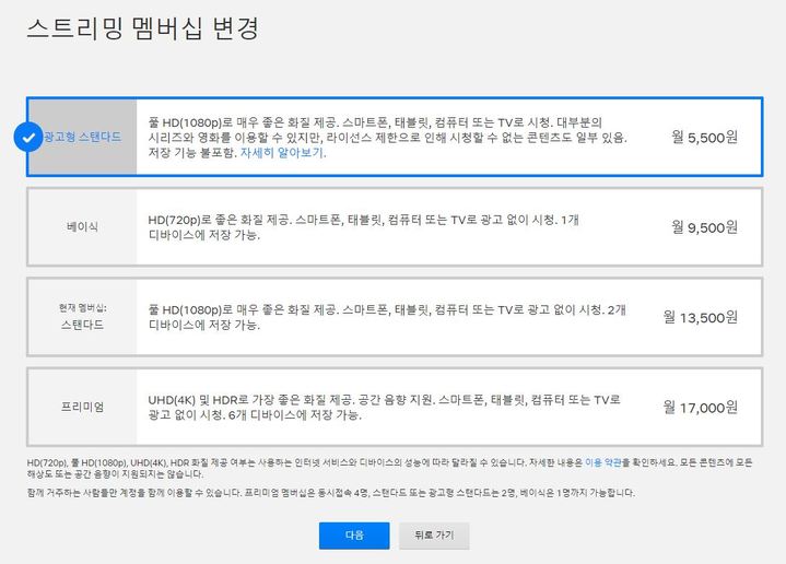 [서울=뉴시스] 지난 5월 넷플릭스가 우리나라에도 광고형 멤버십 최대 화질을 풀HD(1080p)로 높이고 동시 접속 가능 인원을 2명으로 늘린 것으로 확인됐다. 사진은 넷플릭스 멤버십 변경을 안내하는 화면. (사진=넷플릭스 홈페이지 캡처) *재판매 및 DB 금지
