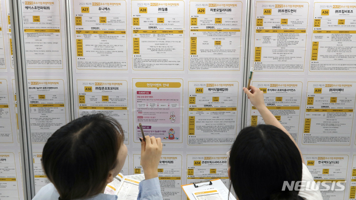 [서울=뉴시스] 김금보 기자 = 지난달 22일 서울 강남구 코엑스에서 열린 '2023 제1차 KB굿잡 우수기업 취업박람회'를 찾은 구직자들이 채용공고게시대를 살펴보고 있다. 2023.05.22. kgb@newsis.com