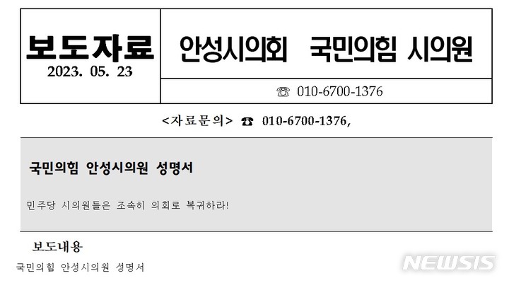 [안성=뉴시스] 안성시의회 국민의힘 성명서 캡처