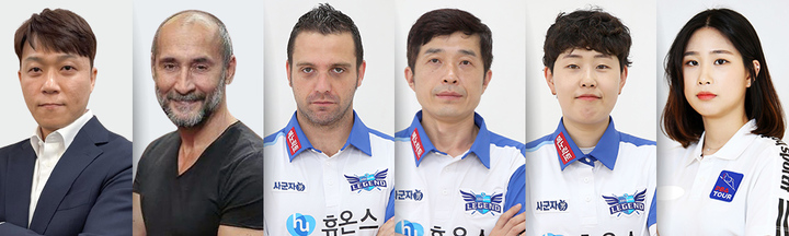 [서울=뉴시스] 23일 서울시 중구 한국프레스센터에서 열린 ‘2023-24시즌 PBA 팀리그 드래프트를 통해 휴온스 헬스케어 레전드 팀에 최성원, 세미 세이기너, 전애린이 합류했다.&nbsp; 왼쪽부터 최성원 선수, 세미 세이기너, 하비에르 팔라존, 김봉철, 김세연, 전애린. (사진 제공=PBA프로당구협회) *재판매 및 DB 금지