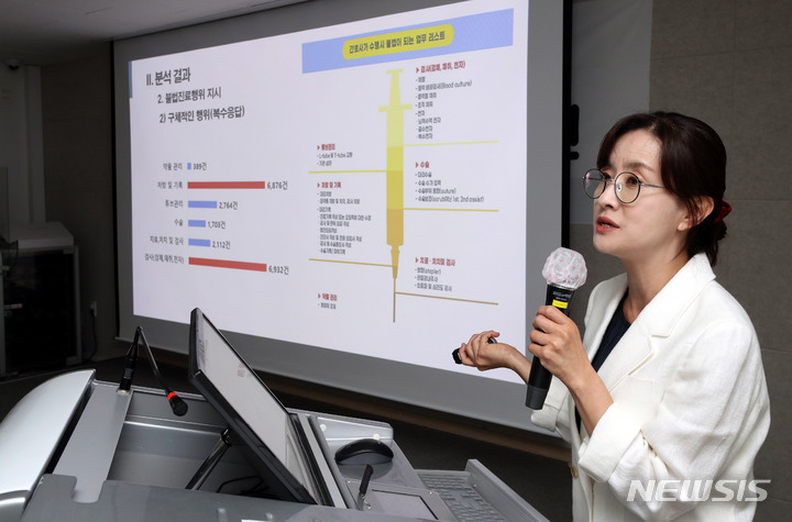 [서울=뉴시스] 조성봉 기자= 24일 오전 서울 중구 대한간호협회 대강당에서 열린 간호법 관련 준법투쟁 1차 진행 결과 발표 기자회견에서 최훈화 정책전문위원이 조사 내용을 발표하고 있다. 이날 공개한 1차 진행 결과 지난 18일 오후 4시 20분부터 23일 오후 4시까지 5일간 불법 진료 신고센터에 접수된 내용은 1만2189건이다. 2023.05.24. suncho21@newsis.com