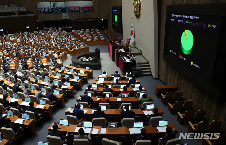 [서울=뉴시스] 추상철 기자 = 25일 오후 서울 여의도 국회 본회의장에서 열린 제406회국회(임시회) 1차 본회의에서 '전세사기피해자 지원 및 주거안정에 관한 특별법안(대안)'이 통과되고 있다. 2023.05.25. scchoo@newsis.com