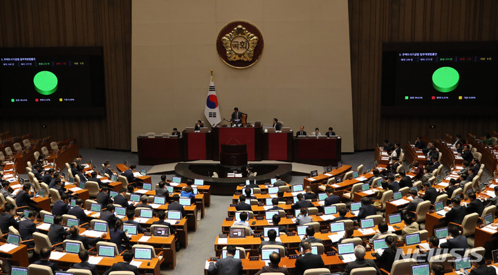 [서울=뉴시스] 전진환 기자 = 25일 오후 서울 여의도 국회 본회의장에서 열린 제406회국회(임시회) 1차 본회의에서 주택도시기금법 일부개정법률안이 재석 273인 찬성 272인으로 가결되고 있다. 2023.05.25. amin2@newsis.com