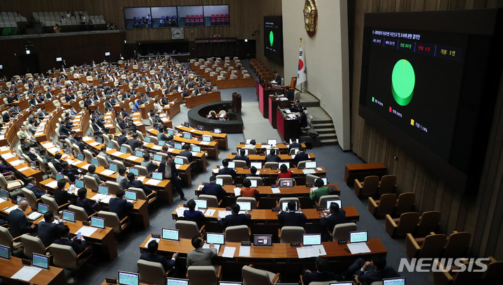 [서울=뉴시스] 추상철 기자 = 25일 오후 서울 여의도 국회 본회의장에서 열린 제406회국회(임시회) 1차 본회의에서 '국회의원의 가상자산 자진신고 및 조사에 관한 결의안(위원회안)'이 통과되고 있다. 2023.05.25. scchoo@newsis.com