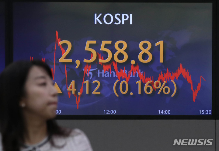 [서울=뉴시스] 조수정 기자 = 26일 코스피가 전 거래일(2554.69)보다 4.12포인트(0.16%) 오른 2558.81에 장을 마쳤다. 26일 오후 서울 중구 하나은행 딜링룸 전광판에 종가가 표시되고 있다. 2023.05.26. chocrystal@newsis.com