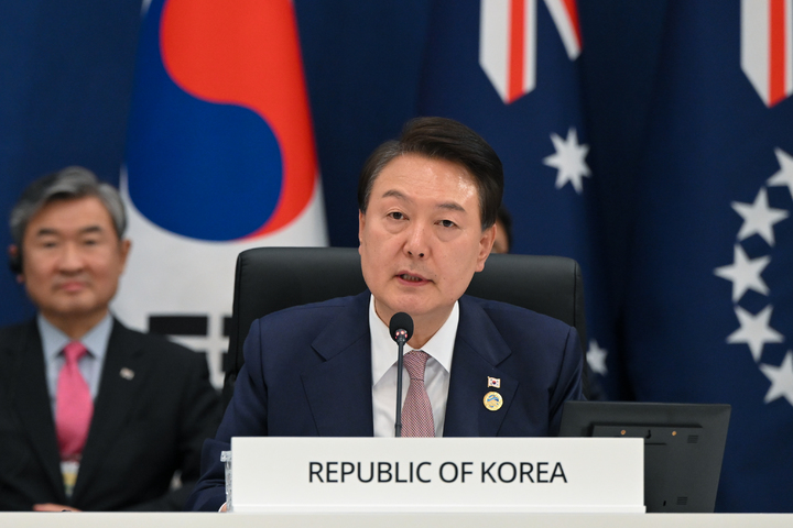 [서울=뉴시스] 윤석열 대통령이 29일 청와대 영빈관에서 열린 2023 한-태평양도서국 정상회의 2세션에서 발언하고 있다. (사진=대통령실 제공) 2023.05.29. photo@newsis.com *재판매 및 DB 금지