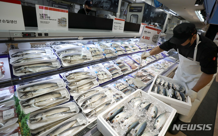 [서울=뉴시스] 김선웅 기자 = 30일 서울의 한 대형마트에서 고등어가 판매되고 있다. 2023.05.30. mangusta@newsis.com