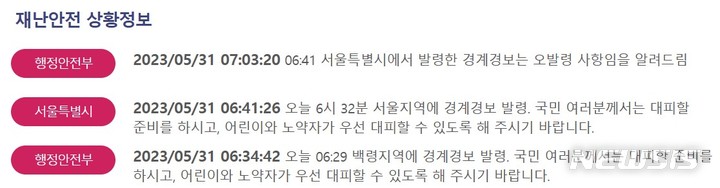 [세종=뉴시스] 북한이 우주발사체를 발사한 31일 오전 행정안전부와 서울시가 발송한 경계경보 발령 위급재난문자.  