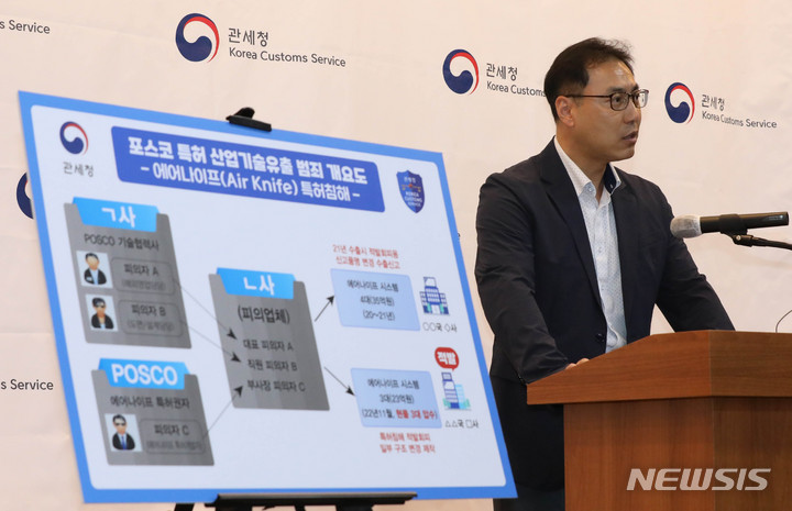 [서울=뉴시스] 조수정 기자 = 신창민 관세청 기술유출범죄 수사팀장이 31일 오전 서울 강남구 서울세관에서 첨단기술 유출 적발 브리핑을 하고 있다. 수사팀은 포스코 특허기술을 도용한 장비(에어나이프)를 수출하려던 일당 5명을 검거해 특허법 위반 혐의로 검찰 송치했다. 이번에 압수한 에어나이프 3대가 수출됐으면 해외 철강사가 5년간 최대 6600억원 상당의 부당이득을 얻었을 것으로 추산한다. 관세청은 2022년 7월부터 기술유출 범죄 전담 수사팀을 설치, 운영하고 있다. 이번 사건은 관세청 최초의 첨단기술 유출 적발 사례다. 2023.05.31 chocrystal@newsis.com