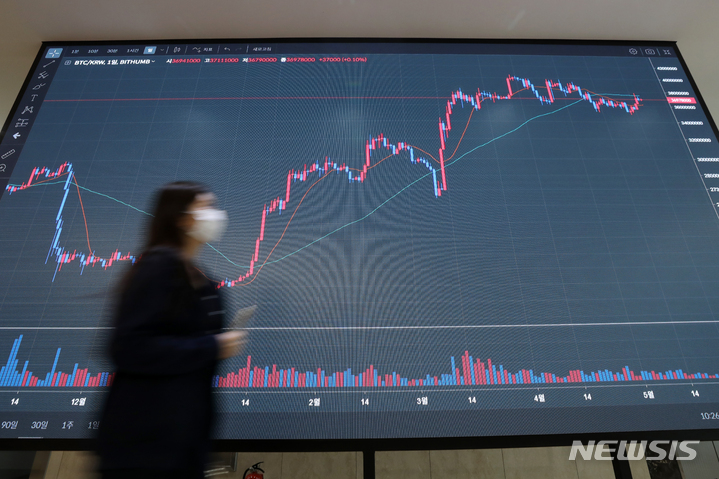 [서울=뉴시스] 조성우 기자 = 비트코인 가격이 3,600만원 선에 거래 중인 31일 서울 서초구 빗썸 고객지원센터 전광판에 비트코인 등 가상화폐 시세가 나오고 있다. 2023.05.31. xconfind@newsis.com