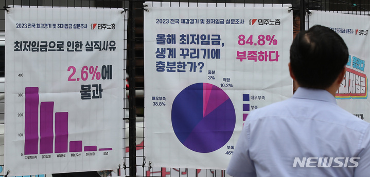 [서울=뉴시스] 조수정 기자 = 지난 1일 서울 구로구 서울디지털산업단지 고용노동부 관악지청 인근에서 열린 민주노총 '모두의 최저임금 1만2천원 한마당'에서 최저임금 관련 안내판이 게시돼 있다. 민주노총은 이날 서울디지털산업단지를 시작으로 6월 한달동안 전국 16개 지역에서 최저임금 노동자 이야기, 발언대, 거리 노동상담 부스, 모두의 최저임금 룰렛팰린지 등으로 구성한 모두의 최저임금 한마당 행사를 연다. 2023.06.01. chocrystal@newsis.com