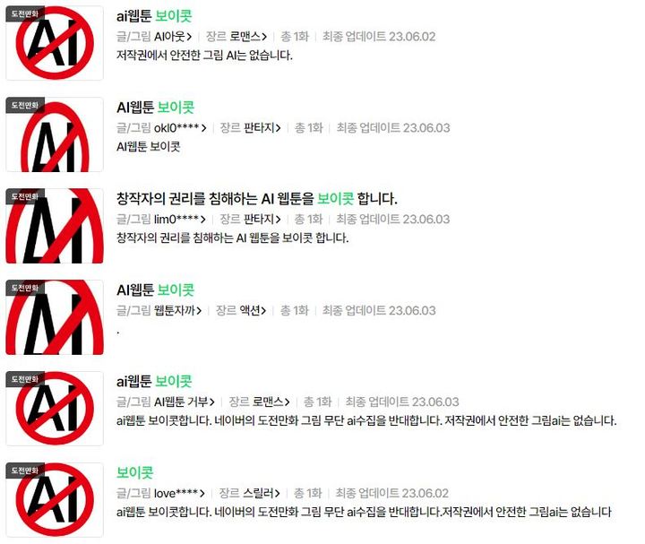 [서울=뉴시스] 지난 2일부터 3일까지 AI웹툰 보이콧과 관련한 게시물이 네이버웹툰 도전 만화에 62건 올라왔다. (사진=네이버웹툰 도전만화 캡처) *재판매 및 DB 금지