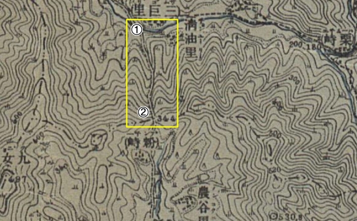 [증평=뉴시스] 강신욱 기자 = 조선총독부 육지측량부가 1918년에 발행한 5만분의 1 지형도에는 지금 충북 증평군 증평읍 율리 삼기저수지(삼거리·①)에서 좌구정(분치·②)까지 등외도로(네모 안)가 표기돼 있다. (사진=국사편찬위원회 제공 지도 캡처). 2023.06.05. photo@newsis.com *재판매 및 DB 금지