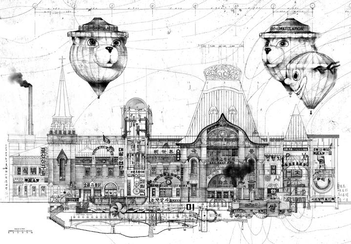 권민호, 야로슬라브스키 상가, 2023, 트레이싱지에 연필, 목탄, 포토콜라쥬, 터펜타인 와시, 아세톤 와시, 건축용 복사, 드라이마운트, 128.3 x 89 cm *재판매 및 DB 금지