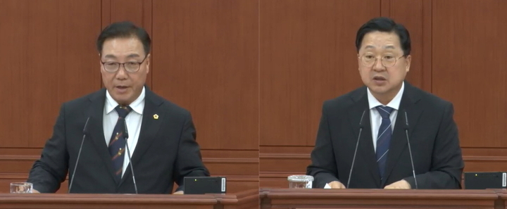 [대전=뉴시스] 조명휘 기자 = (왼쪽부터) 이병철(국민의힘·서구4) 대전시의원이 7일 제271회 제1차 정례회 제2차 본회의 시정질의를 하고 이장우 시장이 답변을 하고 있다. 2023.06.07. photo@newsis.com *재판매 및 DB 금지