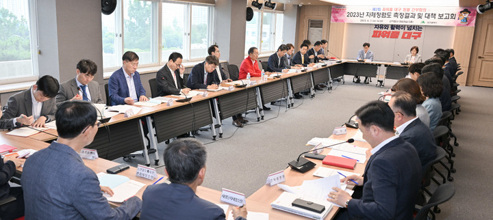 [대구=뉴시스]홍준표 대구시장이 7일 오후 시청 산격청사 대회의실에서 행정부시장, 실·국장, 원·본부·사업소장 등 고위직 공무원 30여명이 참석한 가운데 열린 ‘2023년 자체청렴도 측정결과 및 대책 보고회’에서 발언하고 있다(사진=대구시 제공) 2023.06.07 photo@newsis.com *재판매 및 DB 금지