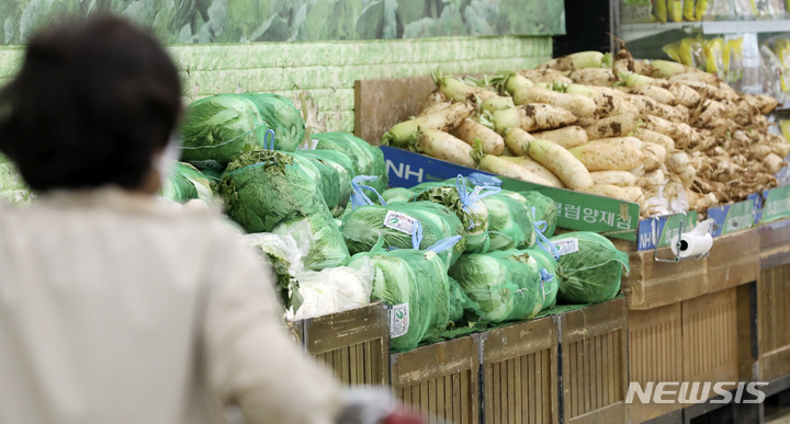 [서울=뉴시스] 최진석 기자 = 농림축산식품부는 올여름 폭우 피해로 인한 농산물 물가 급등을 방지하기 위해 배추와 무 등의 비축량을 확대하기로 했다. 서울시내 대형마트에 진열된 배추와 무. 2023.06.07. myjs@newsis.com