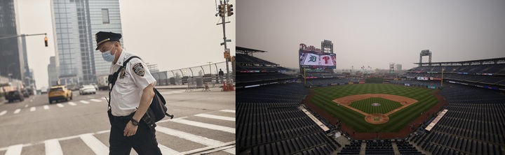 [뉴욕/펜실베이니아=AP/뉴시스] 미국 13개주에 발령된 대기질 경보에 따라 사람들의 일상 생활에도 변화가 일어났다. 왼쪽은 야외 근무를 위해 마스크를 착용한 뉴욕의 한 경찰. 오른쪽은 대기질 경보로 경기가 지연된 당일 펜실베이니아주 필라델피아에 위치한 미국 프로야구 메이저리그 필라델피아 필리스 홈 구장의 전경. 2023.06.09. *재판매 및 DB 금지