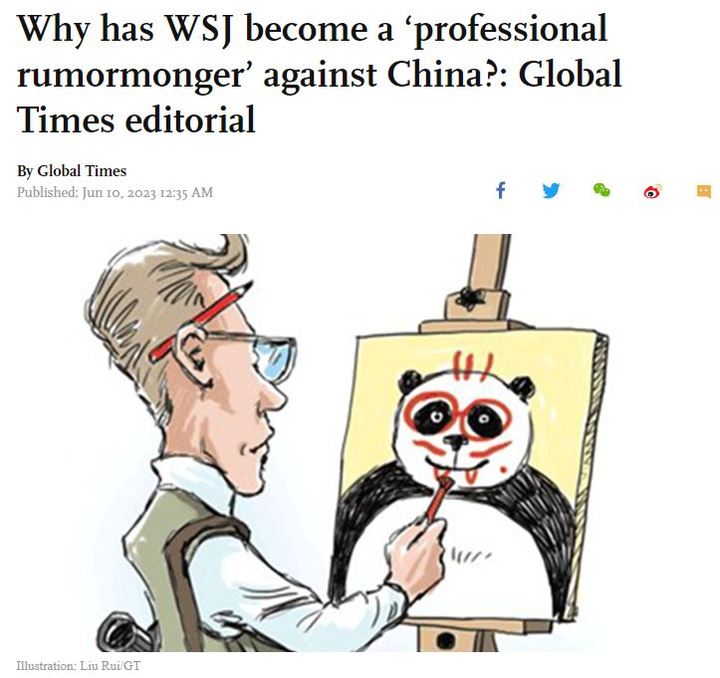 [서울=뉴시스] 중국 관영매체 글로벌타임스(GT)가 '중국이 쿠바에 경제 원조를 대가로 스파이 기지를 건설하는 비밀 합의를 했다'는 미국 월스트리트저널(WSJ)에 대해 연일 비난조의 보도를 하고 있다. 사진은 GT 웹사이트에 게재된 사설과 삽화를 캡처한 것. 2023.06.10. 