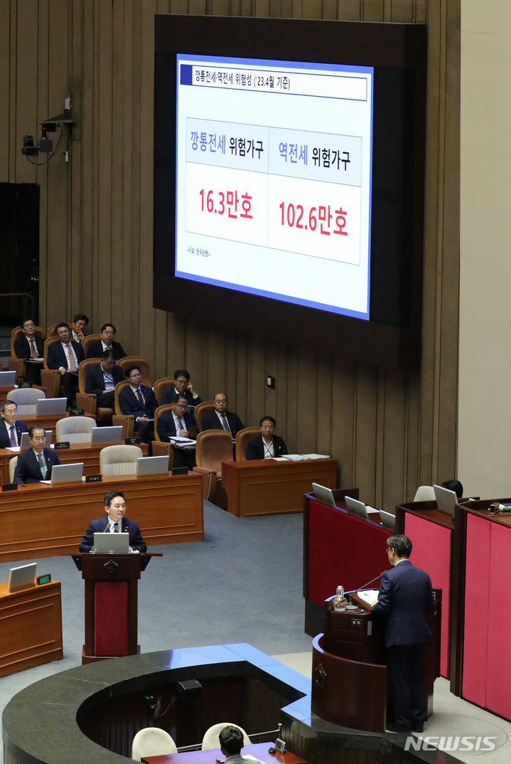 [서울=뉴시스] 전진환 기자 = 원희룡 국토교통부장관이 13일 오후 서울 여의도 국회에서 열린 제407회국회(임시회) 제2차 본회의에서 유동수 더불어민주당 의원의 경제에 관한 대정부질문에 답하고 있다. 2023.06.13. amin2@newsis.com