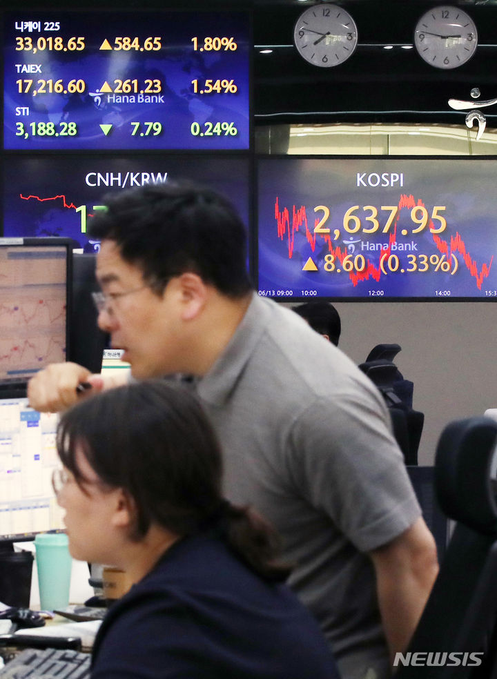 [서울=뉴시스] 김진아 기자 = 사진은 지난 6월 13일 서울 중구 하나은행 딜링룸에서 딜러들이 업무를 보고 있는 모습. 2023.09.29.. bluesoda@newsis.com