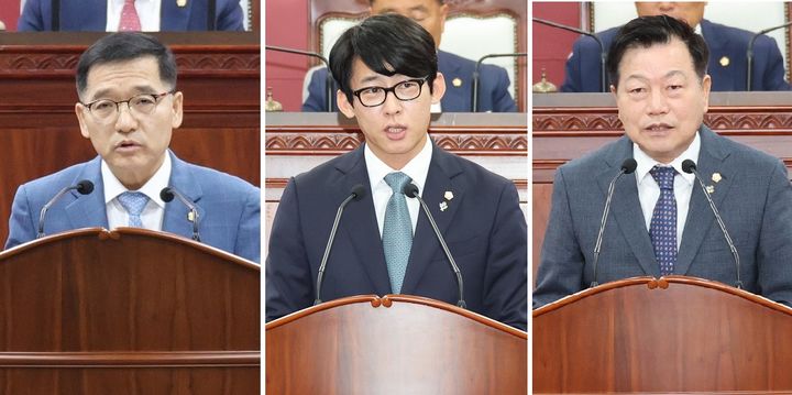 14일 열린 고창군의회 제299회 정례회 1차 본회의, 왼쪽부터 이경신 의원, 임종훈 의원, 오세환 의원이 군정질문을 하고 있다. *재판매 및 DB 금지