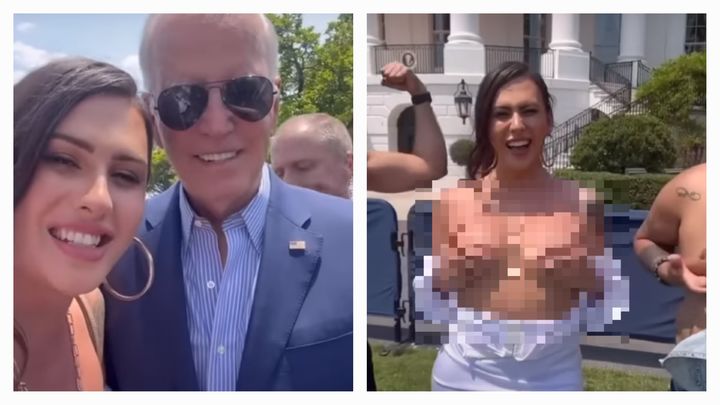 [서울=뉴시스] 미국 백악관에서 상의 탈의한 성소수자 운동가가 앞으로 백악관에 초청받을 수 없게 됐다고 폭스뉴스가 13일(현지 시각) 전했다. 사진은 해당 트렌스젠더가 백악관에서 포즈를 취하는 모습. (사진=유튜브 갈무리) 2023.06.15 *재판매 및 DB 금지