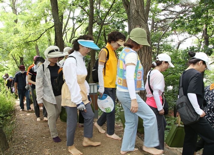 20일 충북 충주시 교현·안림동 만리산 일원에서 열린 '흙길맨발걷기' 행사. 이날 조길형 시장과 암환자, 고혈압환자 등 시민 70여명은 맨발로 숲길을 걸으로 숲속 정취를 느꼈다. (사진=충주시 제공) 2023.6.20. photo@newsis.com *재판매 및 DB 금지