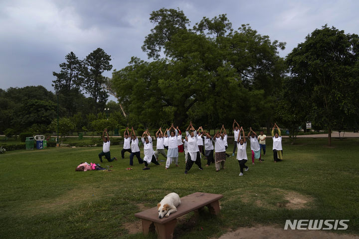 [뉴델리=AP/뉴시스] '세계 요가의 날'인 21일(현지시각) 인도 뉴델리에서 시민들이 요가를 하고 있다. 힌두교 현자들이 처음 행한 고대 요가는 발리우드 이후 인도에서 가장 성공적인 문화 수출품 중 하나가 됐으며 인도 외교의 한 부분으로 자리 잡기도 했다. 2023.06.21.