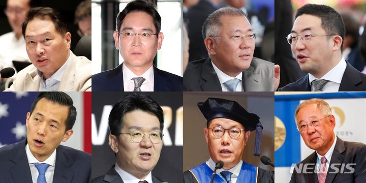 [서울=뉴시스]최태원(위쪽 왼쪽부터) SK그룹 겸 대한상공회의소 회장, 이재용 삼성전자 회장, 정의선 현대차 회장, 구광모 LG 회장, 김동관(아래쪽 왼쪽부터) 한화 부회장, 조원태 대한항공 회장, 조현상 효성 부회장, 류진 풍산그룹 회장 등 8명의 그룹 회장단이 21일 프랑스 파리 엘리제궁에서 에마뉘엘 마크롱 프랑스 대통령을 만났다. (사진 = 뉴시스DB) 2023.6.21. photo@newsis.com