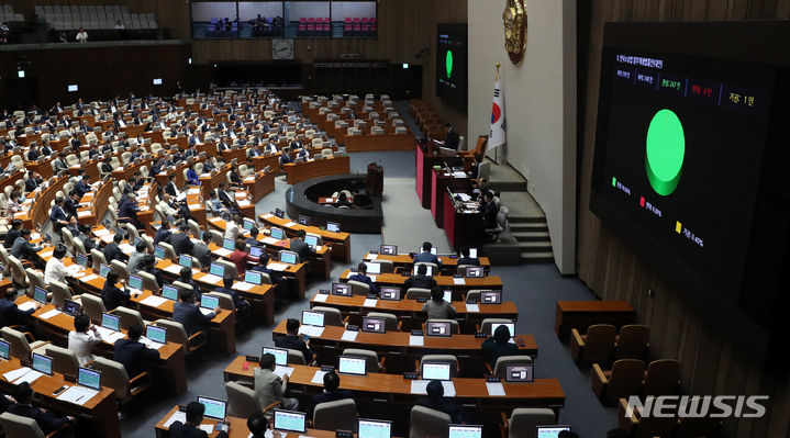 [서울=뉴시스] 추상철 기자 = 21일 오후 서울 여의도 국회에서 열린 제407회국회(임시회) 제6차 본회의에서 '민사소송법 일부개정법률안'이 통과되고 있다. 2023.06.21. scchoo@newsis.com