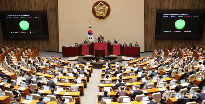 [서울=뉴시스] 전진환 기자 = 김진표 국회의장이 21일 오후 서울 여의도 국회에서 열린 제407회국회(임시회) 제6차 본회의에서 스토킹범죄의 처벌 등에 관한 법률 일부개정법률안(대안)을 재석246인, 찬성 246인으로 가결하고 있다. 2023.06.21. amin2@newsis.com