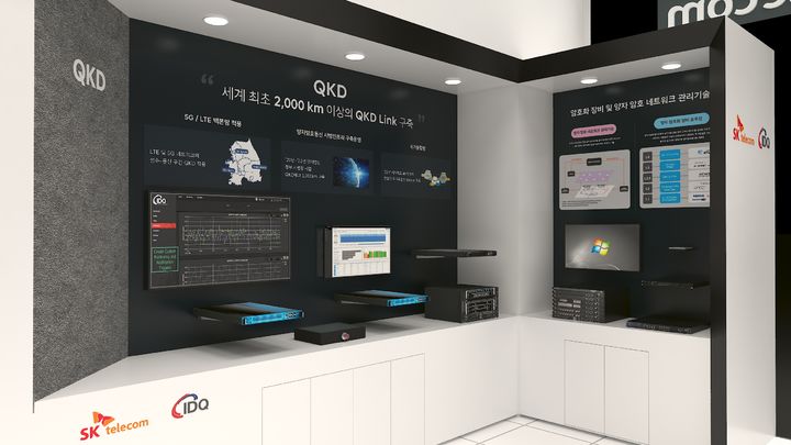 SK텔레콤이 26일부터 29일까지 서울 동대문디자인플라자(DDP)에서 열리는 '퀀텀코리아 2023(Quantum Korea 2023)'에서 양자키분배기(QKD), 양자난수생성기(QRNG) 등 다양한 양자 기술을 선보인다. 사진은 SKT 전시관의 조감도다. (사진=SK텔레콤 제공) *재판매 및 DB 금지