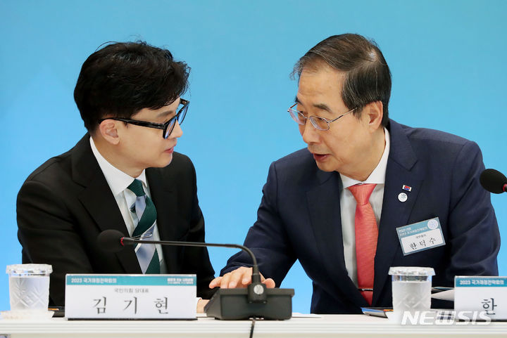 [서울=뉴시스] 홍효식 기자 = 한덕수(오른쪽) 국무총리와 한동훈 법무부 장관이 28일 청와대 영빈관에서 열린 2023 국가재정전략회의에 앞서 대화하고 있다. 2023.06.28. yesphoto@newsis.com