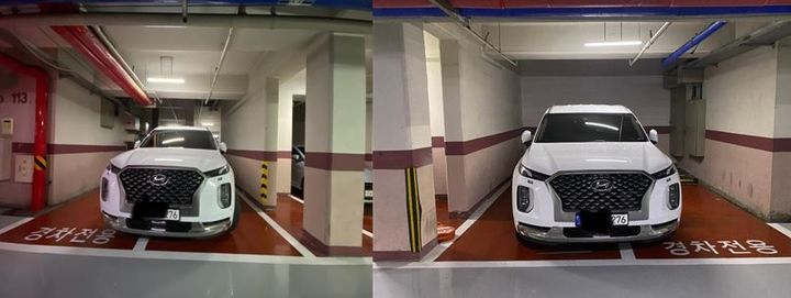 준대형 SUV가 경차전용 주차면 2면을 차지한 모습. 사진 보배드림 캡쳐 *재판매 및 DB 금지