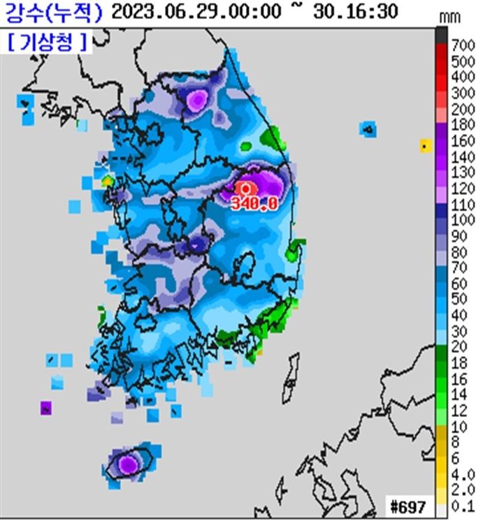 [안동=뉴시스] 지난 29일~30일 오후 4시 30분 강수량. (경북도 제공) 2023.06.30 *재판매 및 DB 금지