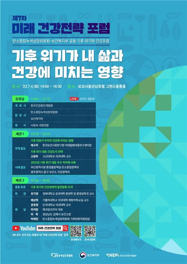 [서울=뉴시스] 오는 4일 오후 2시 강남 소재 보코서울강남호텔에서 개최되는 '제7차 미래 건강전략 공개토론회'는 보건복지부, 한국건강증진개발원, 2050탄소중립녹색성장위원회와 합동으로 열린다. (사진제공=복지부) 2023.07.03. photo@newsis.com *재판매 및 DB 금지