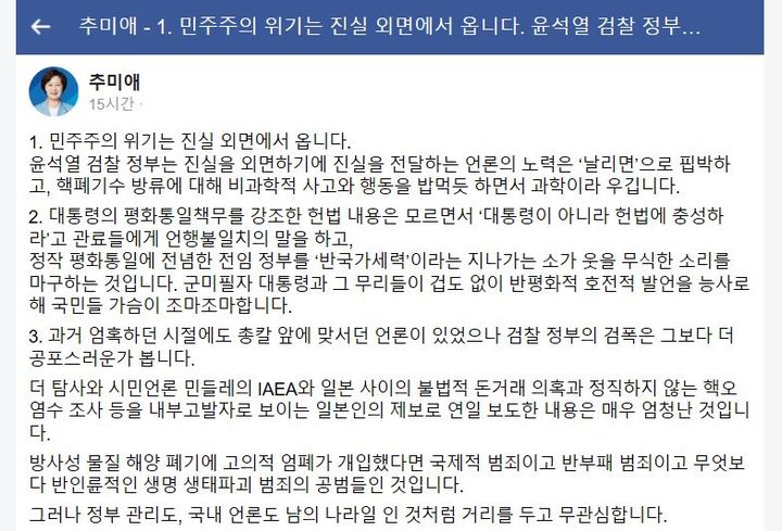 (사진=추미애 페이스북 캡쳐) *재판매 및 DB 금지