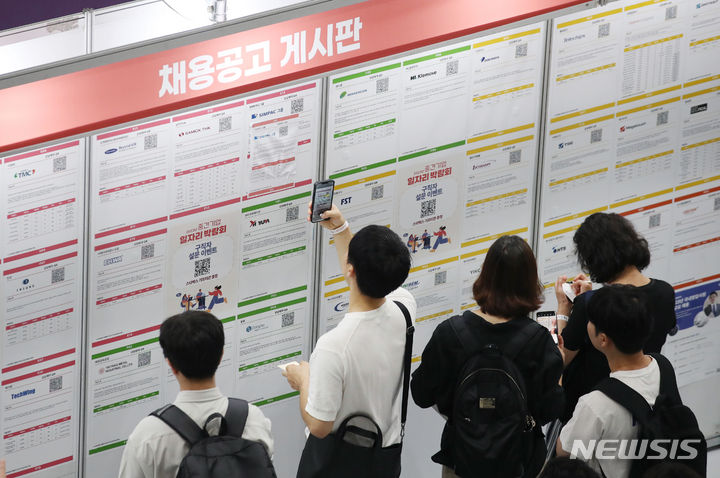 [서울=뉴시스] 김진아 기자 = 3일 서울 강남구 코엑스에서 열린 '2023 중견기업 일자리 박람회'에서 구직자들이 채용공고 게시판을 보고 있다. 2023.07.03. bluesoda@newsis.com