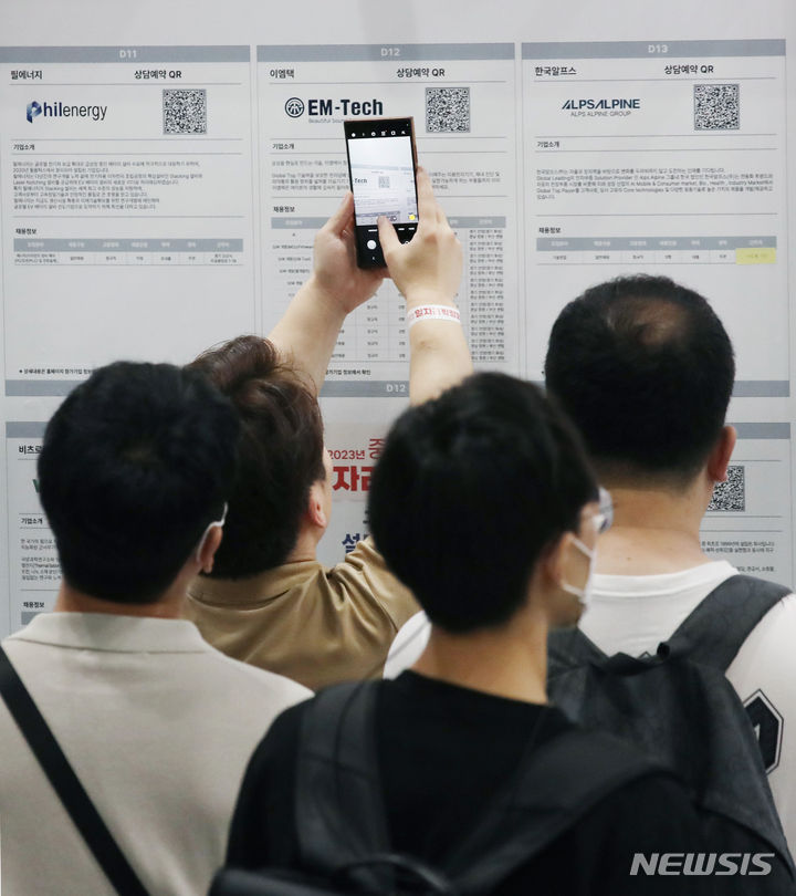 [서울=뉴시스] 김진아 기자 = 3일 서울 강남구 코엑스에서 열린 '2023 중견기업 일자리 박람회'에서 구직자들이 채용공고 게시판을 보고 있다. 2023.07.03. bluesoda@newsis.com