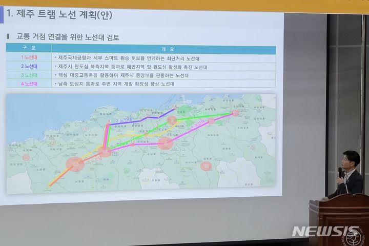 [제주=뉴시스] 이정민 기자 = 4일 제주관광공사 회의실에서 열린 ‘제주형 수소트램 도입 정책 포럼’에 참석한 이준 한국철도기술연구원 책임연구원이 제주에 트램 도입 시 검토 가능한 노선을 설명하고 있다. 2023.07.04. 73jmlee@newsis.com