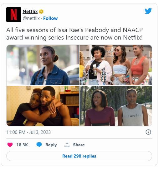 [서울=뉴시스] 넷플릭스는 3일(현지시간) 자사 트위터 계정을 통해 HBO 오리지널 드라마 '인시큐어'를 제공한다고 밝혔다. 넷플릭스가 미국에서 HBO 콘텐츠를 제공하는 건 이번이 처음이다. (사진=넷플릭스 트위터 캡처) *재판매 및 DB 금지