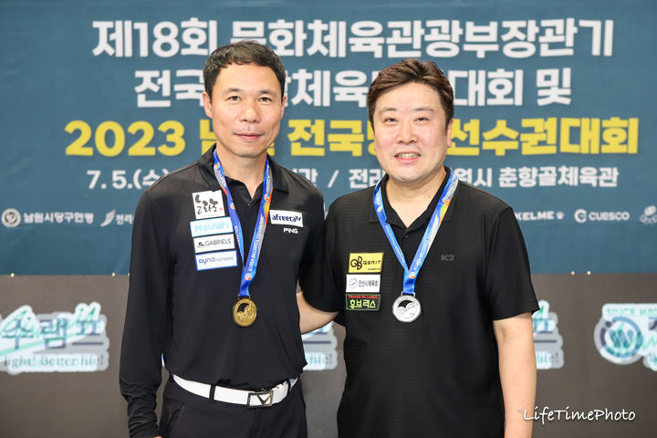 [서울=뉴시스] 허정한(왼쪽)은 8일 전북 남원 춘향골체육관에서 열린 전국당구선수권대회 결승전에서 조치연을 꺾고 우승을 차지했다.(사진=대한당구연맹 제공) *재판매 및 DB 금지