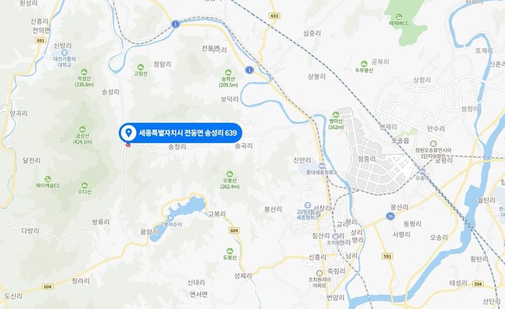 [뉴시스=세종]친환경종합타운’입지 예정지, 전동면 송성리 일원(지도출처=네이버) *재판매 및 DB 금지